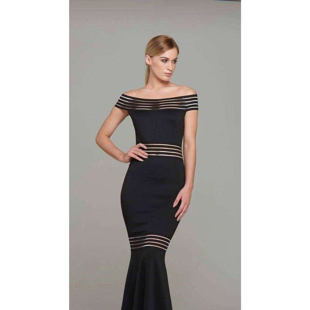 Venus Black Off Shoulder Strip Mesh Sleeveless Formal Pencil Bell Maxi Dress 10